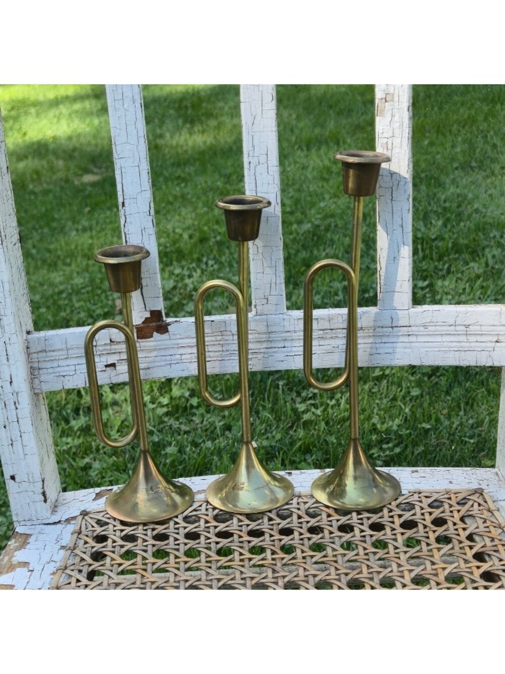 VTG Brass Horn Candlestick holders Horn Bugle Set Of 3 Christmas crafts wreaths